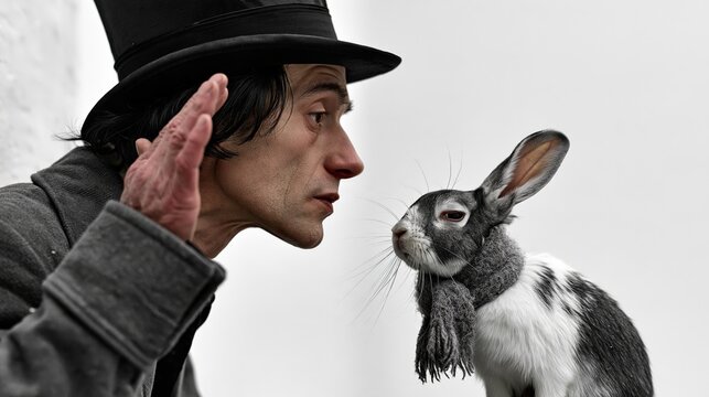 Funny magician pulling a rabbit out of his hat on a snowy corner, rabbit wearing a tiny scarf and looking unimpressed, humorous photo