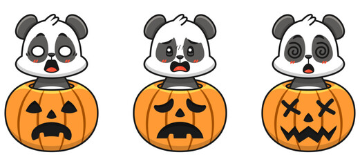 Set of three panda characters with various expressions sitting inside carved orange Halloween pumpkins. Flat vector illustration style for stickers or seasonal autumn fall decorations. © muktiarif206