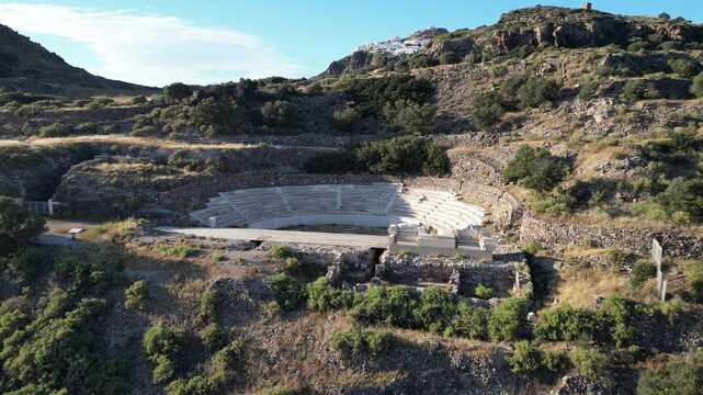 Ancient Theater of Milos with Plaka Village in Background, Aerial Drone