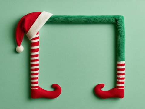 Creative Christmas frame made from playful elf legs with striped tights, curled red shoes and Santa hat on a mint green background, perfect for festive holiday copy space.