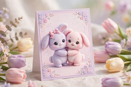 Easter greeting card mockup with two hugging cute bunny characters among tulips