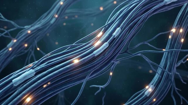 Abstract visualization of glowing neural network fibers with pulses of light representing data transmission or brain activity in a dark blue digital environment.