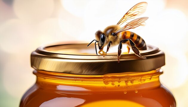 a bee perched on a jar of honey on world bee day highlighting the importance of pollinators and natural sweeteners