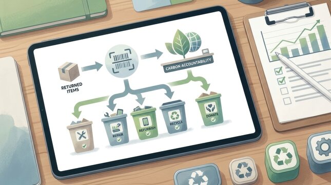 reverse logistics product return sorting Tablet displaying infographic of recycling process and waste sorting bins
