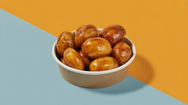 Small honey glazed sausages served in a paper bowl on a colorful background