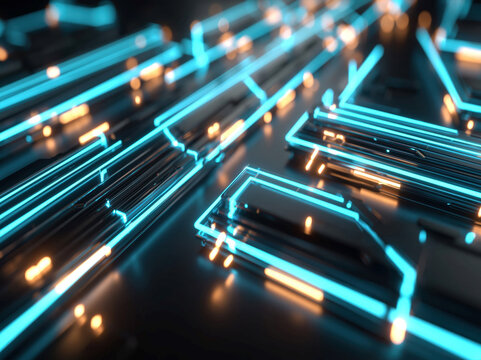 Close-up view of a complex circuit board against a dark background, highlighted by electric blue neon accents and soft white light Futuristic tech aesthetic with high contrast and shar - AI-Generated