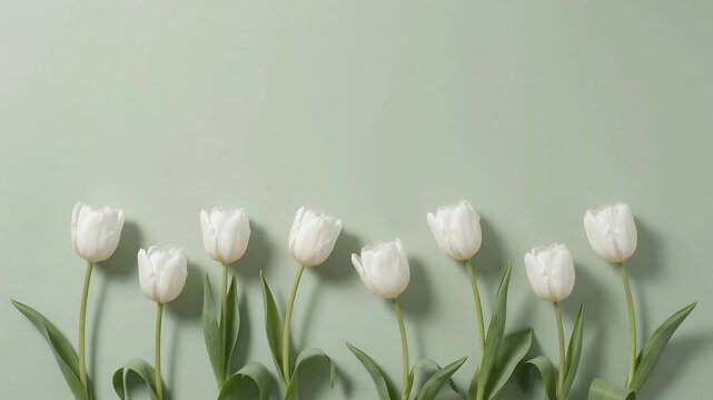White tulips blooming on green background flat lay top view