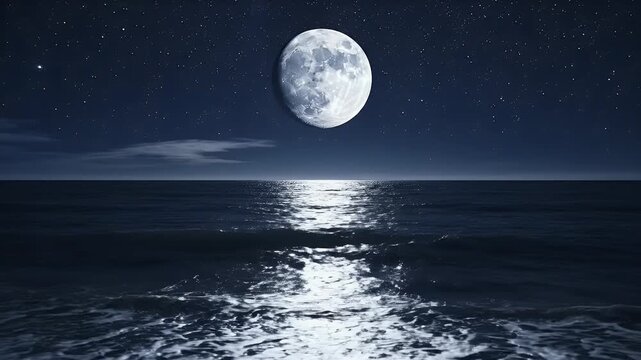 Luminous moon shines brightly over dark ocean waves under a starlit sky