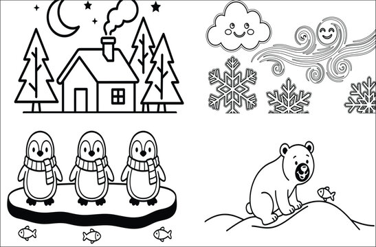 Winter coloring page vector illustration featuring a snowy cabin, penguins on ice, a polar bear, and smiling wind with snowflakes in black and white line art style. 