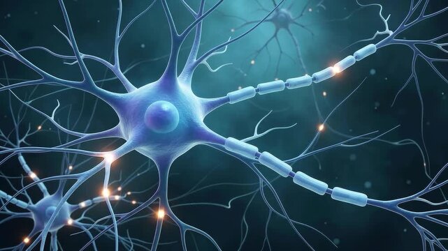 3D scientific illustration of a neuron firing electrical impulses through a neural network, representing brain activity and signal transmission.
