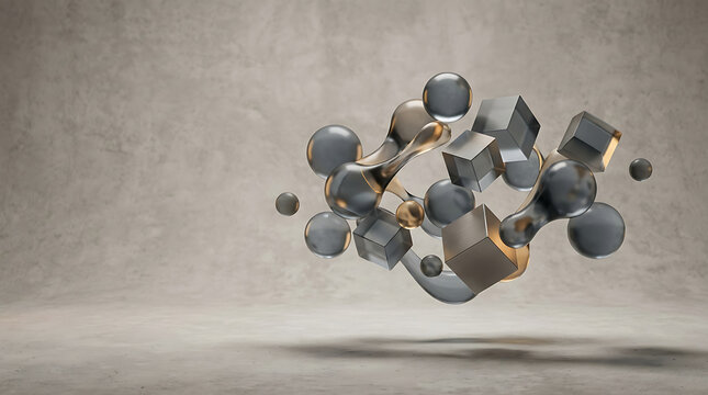 Floating 3d grey and gold cubes in abstract composition