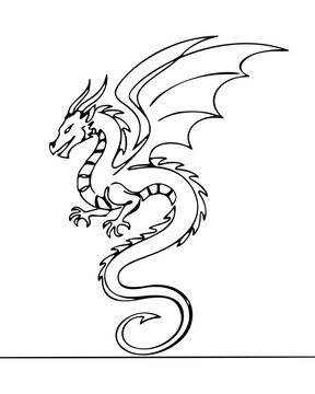 Black and White Dragon Line Art Illustration with Wings and Curling Tail