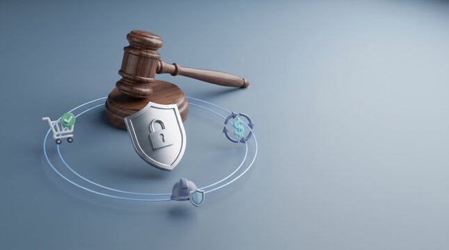 Gavel with shopping cart, lock, globe and headphones connected
