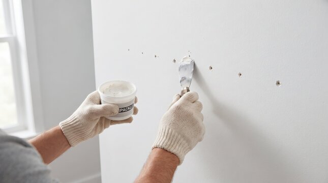 Hands patching holes in wall with spackle and putty knife