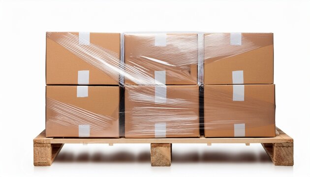 cardboard boxes wrapped in stretch film on wooden pallet for shipping and warehouse storage isolated on white white background