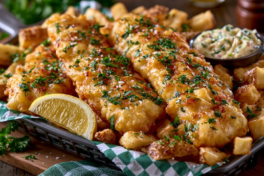 Traditional fish and chips dinner served in a rustic basket with creamy herb sauce