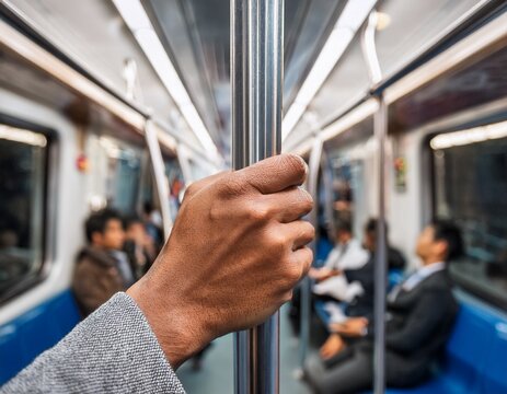 close up of commuter hands holding stainless steel pole inside crowded subway train carriage during daily urban public transport commuting concept