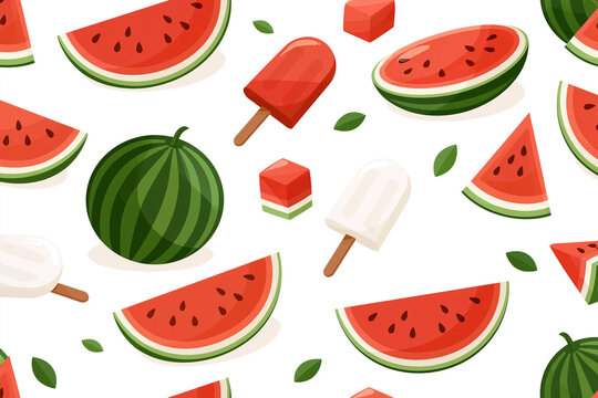 Seamless pattern with sweet watermelon slices and ice cream popsicles