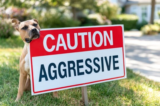Brown dog stands beside caution sign