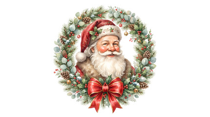 Fototapeta premium Portrait of santa claus inside a festive christmas wreath with pine cones and red berries isolated on transparent background