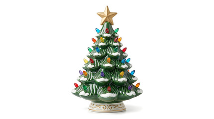 Fototapeta premium Small vintage ceramic christmas tree with colorful lights and a gold star on a white background