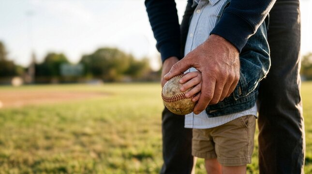 A close-up shot of a father's large weathered hand gently guiding his toddler son's tiny hands to hold an old baseball together on a sunny green field, symbolizing parental love and bonding.
