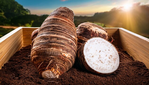 fresh harvested taro roots with brown skin in wooden crate cut organic vegetable showing white starchy interior texture covered with dark soil tropical tuber crop agricultural produce for healthy