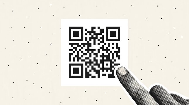 Finger pointing at a QR code on a textured beige background with copy space