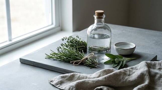 Glass bottle filled with clear liquid and fresh aromatic herbs placed on concrete countertop