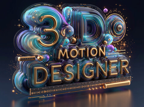 Gold script 3D Motion Designer in fluid dynamic bubble letters, motion blur watercolor style, with abstract shapes, keyframes, timeline bars, glowing particles, and a vibrant cosmos b - AI-Generated
