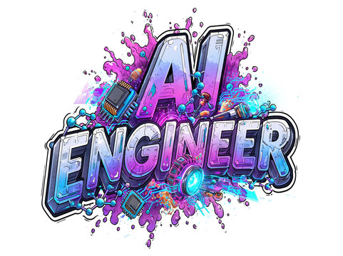 A premium, high-detail graphic design showcasing the text AI ENGINEER in bold letters The design features a futuristic watercolor gradient, neural network nodes, chips, holographic cir - AI-Generated