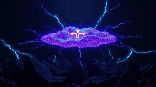 Glowing purple cloud hovers above dark mountains. Lightning strikes radiate outward, creating dramatic visual effect. Intense energy emanates from central point.