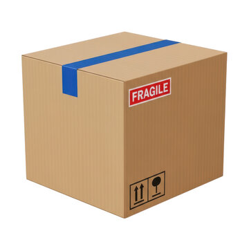 Brown cardboard box with fragile label and blue tape isolated on white background