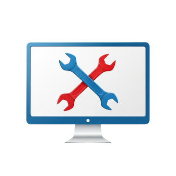 Computer monitor showing crossed wrenches symbol isolated on white background