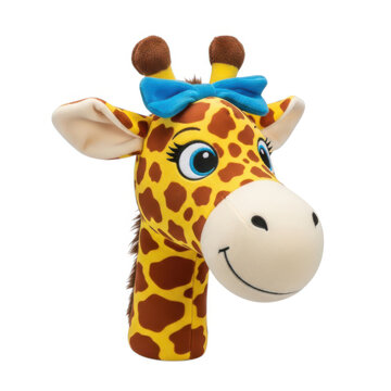 Cute cartoon giraffe head with a blue hair bow isolated on white background
