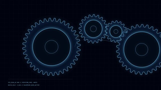Rotating mechanical gears blueprint interface animation on dark grid engineering