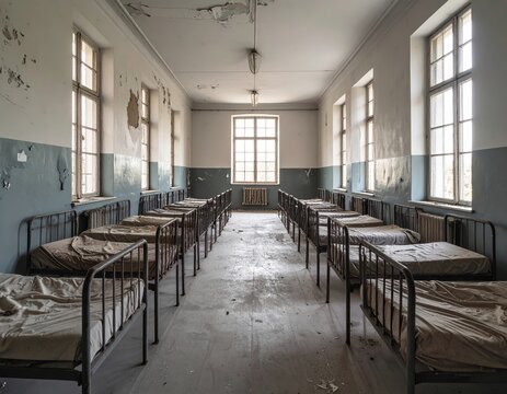 Abandoned institutional dormitory with rows of old beds