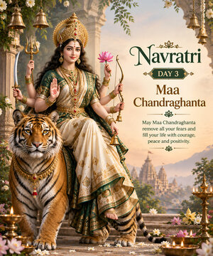 Goddess chandraghanta riding tiger with multiple arms for navratri religious celebration hindu goddess divine power hindu festival traditional attire