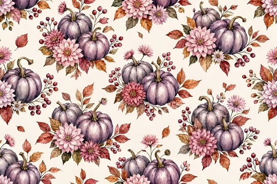 lilac pumpkin and flowers seamless pattern