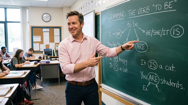 Educator pointing at verb conjugation diagrams on a classroom blackboard while presenting a lesson to attentive students sitting at their desks.
