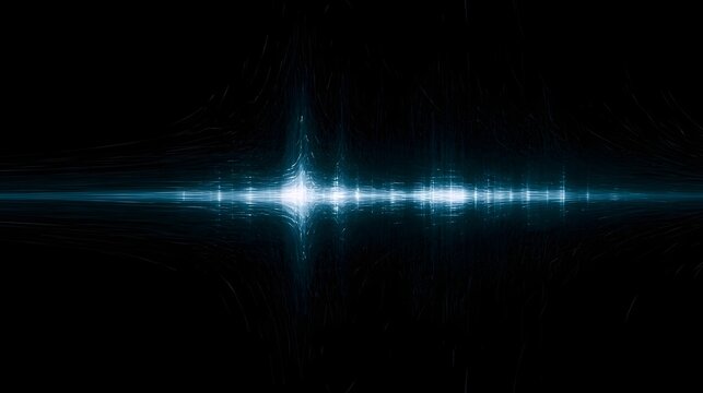 A bright blue light streaks horizontally across a dark void  with faint glowing lines radiating outward from its center