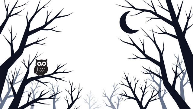 Halloween Border Frame with Owl and Crescent Moon on Bare Tree Branches, Vector Illustration