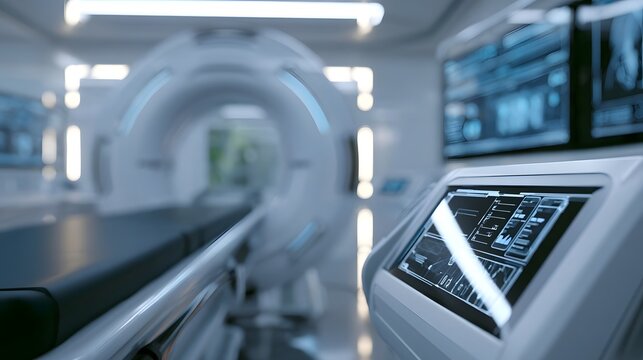 A futuristic medical imaging room with a large circular scanner and digital control panels displaying technical data