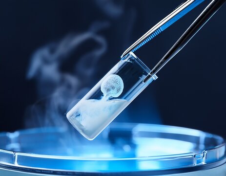 tweezers lifting a cold vial containing a frozen embryo from cryogenic storage vapor in a sterile laboratory