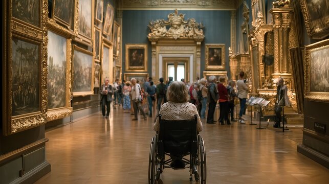 A stunning rear shot of a person in a wheelchair admiring historic masterpieces inside a lavishly decorated museum gallery with green walls, golden stuccos, and plenty of tourists.