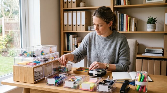 Woman organizing office supplies in clear containers on a wooden desk with shelves in the background