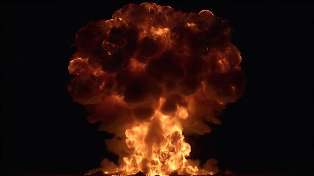 Massive fiery explosion erupts against a dark night sky, a towering mushroom cloud