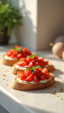 Tomato bruschetta with fresh basil on toasted bread