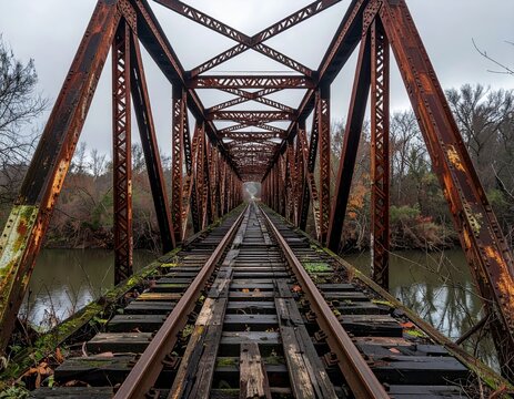 Abandoned Rusted Steel Railway Bridge Over a River