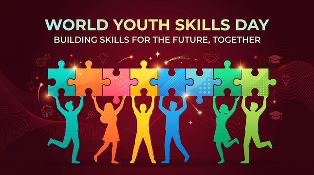 World Youth Skills Day banner, colorful puzzle pieces held by youth silhouettes, teamwork and skill development background